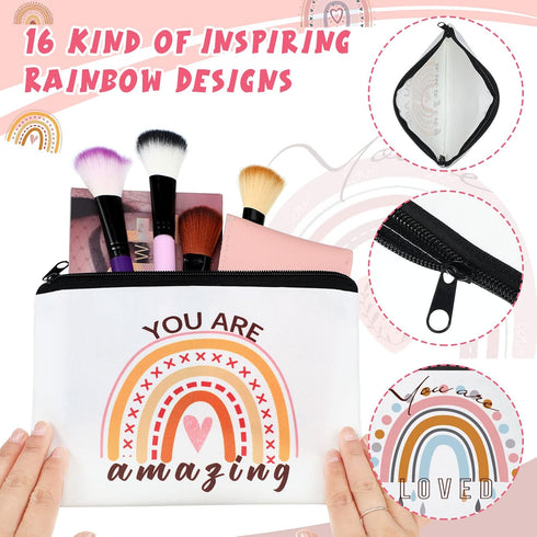 Hillban 32 Pcs Rainbow Cosmetic Bag, Inspirational Canvas Makeup Bags with 16 Quote Keychains for Women