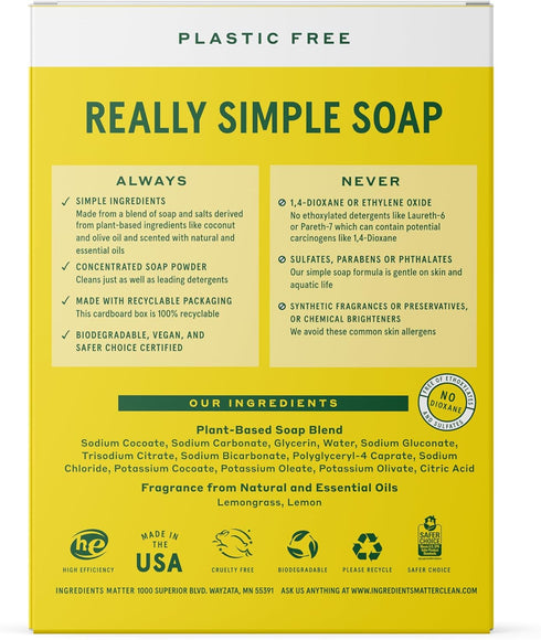 Ingredients Matter Powder Laundry Soap - Lemongrass Scent, Hypoallergenic Detergent, Natural & Eco-Friendly, Plastic Free, Made in USA, Natural Essential Oils & Dermatologist Tested - 15 oz, 30 Loads