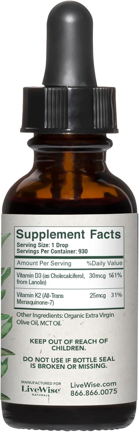 Vitamin D3 with K2 Liquid Drops, All Natural, Non-GMO, 1208iu D3 and 25mcg K2 per Serving, Supports Bones