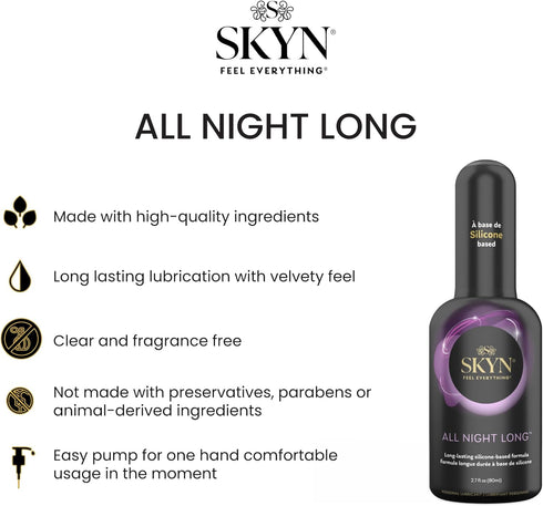 SKYN 22 Count 2.7 oz Extra Studded Non-Latex Condoms Box and All Night Long Premium Silicone Lubricant