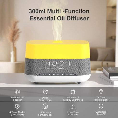 PRIBUY 300ml Essential Oil Diffuser with Bluetooth Speaker & Alarm Clock | Auto Shut-Off, Colorful Night Light, Timer
