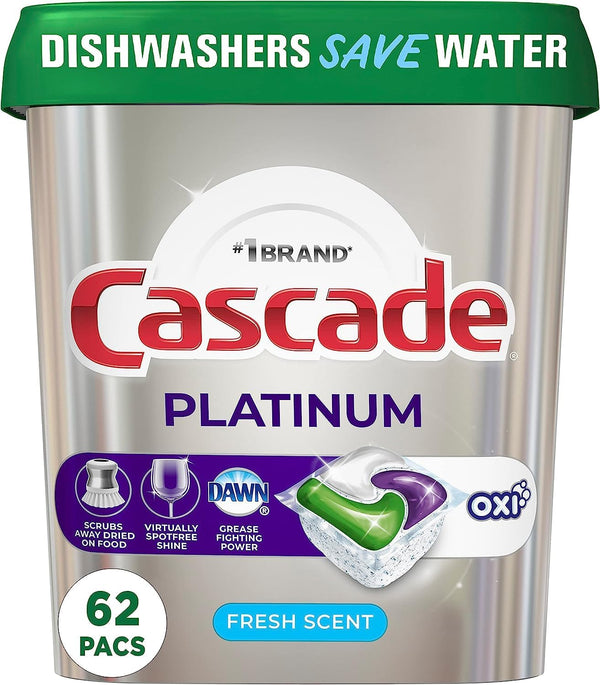 Cascade Platinum Dishwasher Soap Pods, Actionpacs + Oxi with Dishwasher Cleaner and Deodorizer, Fresh, 62 Count