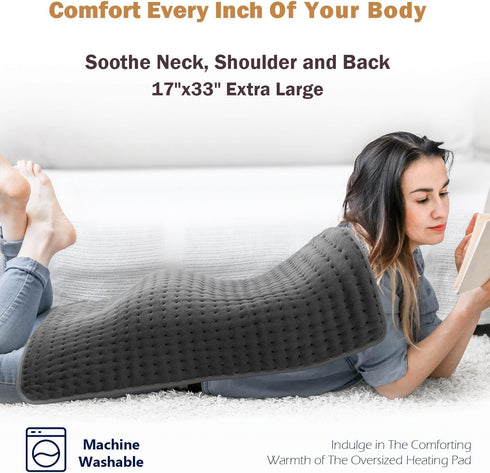 Extra Large Microplush Heating Pad for Back Neck Shoulder Pain Relief - 6 Heat Settings, Auto-Off, Gifts for Men Women