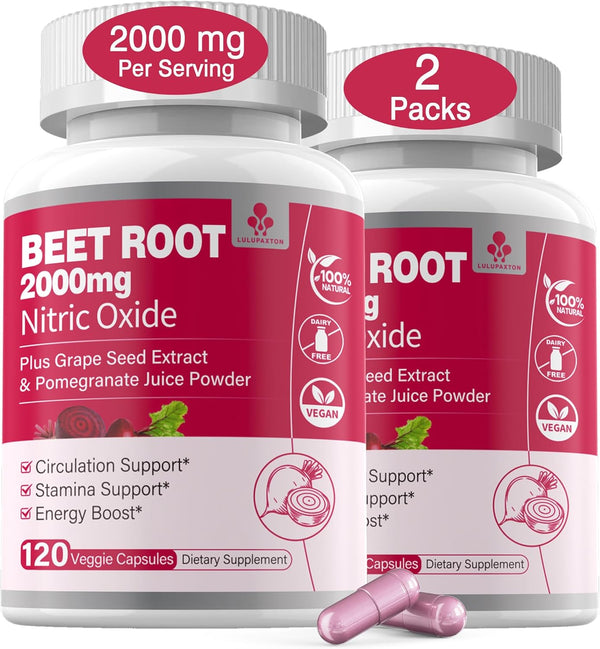 Organic Beet Root Powder Capsules 2000mg with Grape Seed Extract, Pomegranate Juice Powder, 240 Counts