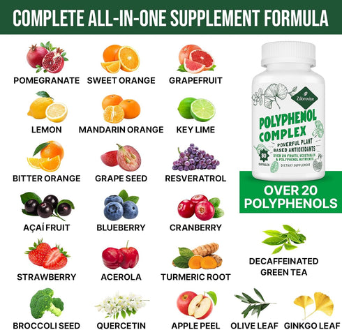 2250 MG Polyphenols Supplement, Over 20 Fruits & Vegetables, Powerful Antioxidants, 90 Capsules