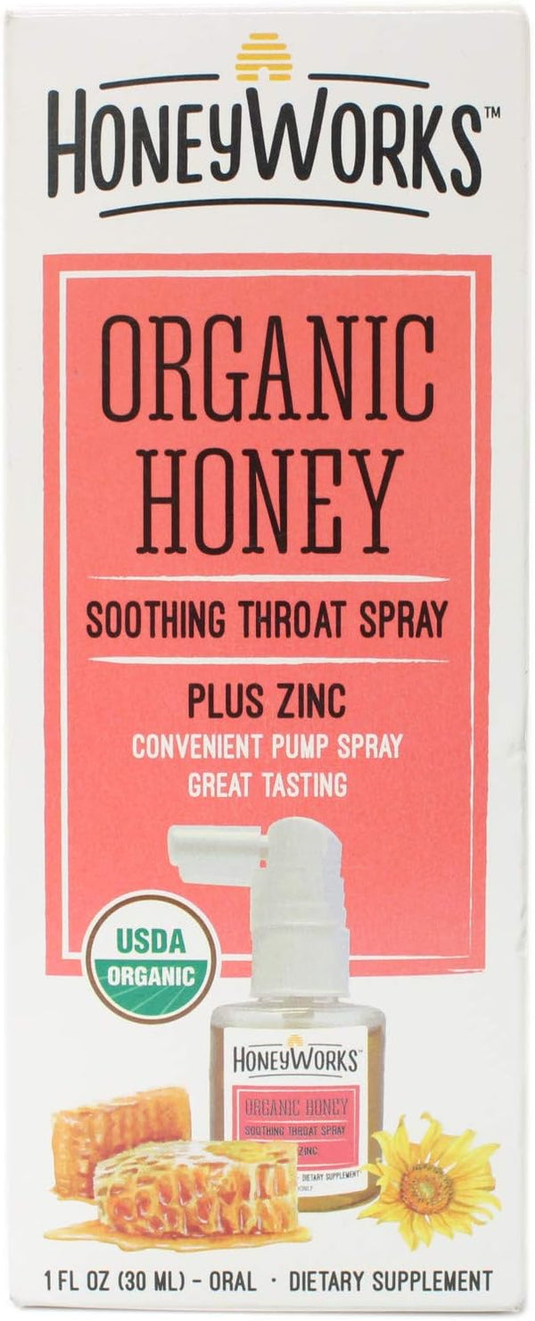 HoneyWorks Adult Throat Spray for Sore Throat Relief, 1 Oz, Non-GMO Organic Dark Honey + Zinc, Fast-Acting Relief