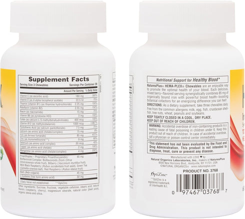 NaturesPlus Hema-Plex Iron - 60 Mixed Berry Chewables - 85 mg Elemental Iron - Total Blood Health - with Vitamin C & Bioflavonoids - Vegan, Gluten Free - 20 Servings