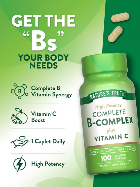 Nature's Truth Vitamin B Complex Plus Vitamin C, 100 Caplets, Vegan, Non-GMO & Gluten Free Supplement