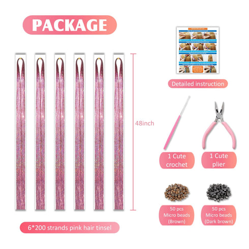 Pink Fairy Hair Tinsel Kit, 48 Inches 1200 Strands with Tools and Instruction, Glitter Tinsel Hair Extensions for Women