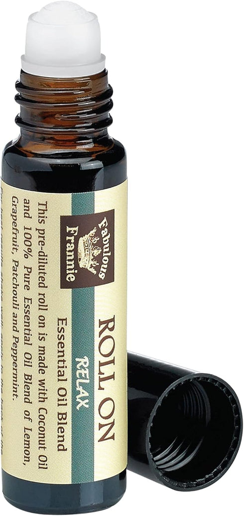Fabulous Frannie Relax Essential Oil Blend Roll On 10ml Made with Coconut Carrier Oil Oil, Lemon, Grapefruit, Patchouli and Peppermint Essential Oils.