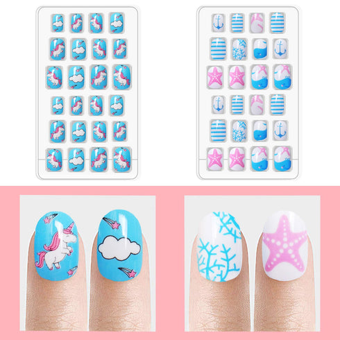Laza 120pcs Children Nails Press On Pre-glue Full Cover Nail Tips Kit, Glitter Gradient Color for Kids - Ocean Seashell