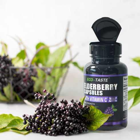 ECO-TASTE Elderberry Capsules with Zinc & Vitamin C - 120 Veggie Caps for Immune & Skin Health