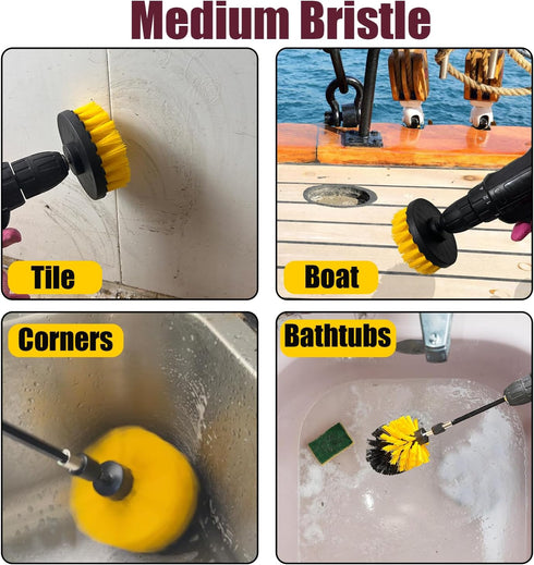 7Pcs Drill Brush Attachment Set, 1/4in Power Scrubber Brush + Extend Long Attachment for Multi-Purpose Cleaning