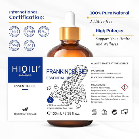 HIQILI 100ML Frankincense Essential Oil, 100% Pure and Natural for Massage and Pain Relief, 3.38 Fl Oz