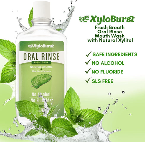XyloBurst Fresh Breath Oral Rinse Mouth Wash with Natural Xylitol - Alcohol-Free, Fluoride Free, SLS Free Cool Mint (3 Pack 16 Ounce)