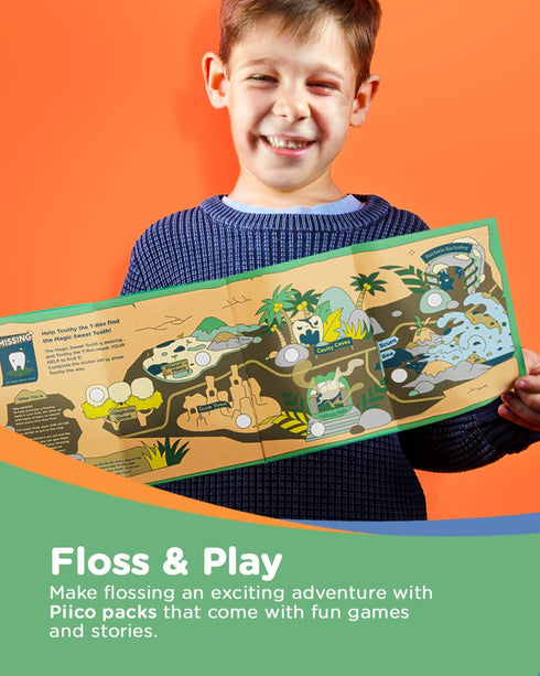 Unflavored Kids Floss - No Fluoride Dual Line Dental Floss Picks in Colorful Design, 300 Playground Dino & Travel Case
