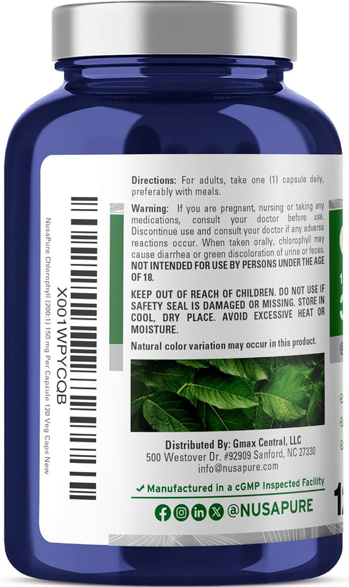 NusaPure Chlorophyll 200:1 Extract - 150 mg Equivalent to 30,000 mg per Capsule, 120 Vegetarian Caps