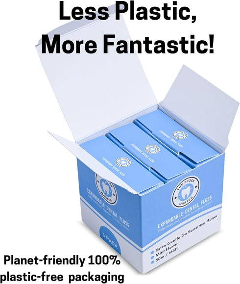 Expandable Dental Floss 3 Pack, Plastic-Free Dispenser with 50 Meter / 164 Feet per Pack, Mint Flavor