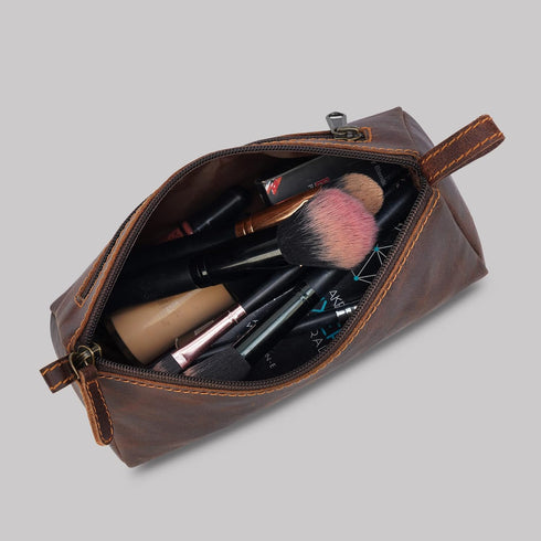 Makeup Bag for Travel - Slim, Stylish Design Fits in All Purses & Bags, Pencil Kit, Genuine Leather Stationary Bag, Marker & Art Tool Organiser