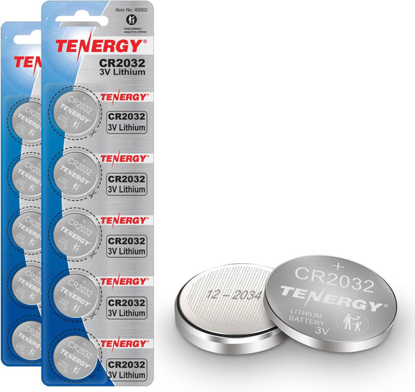 Tenergy 3V CR2032 Batteries, 10 Pack Lithium Button Coin Cell for AirTags, Key FOBs, Watches