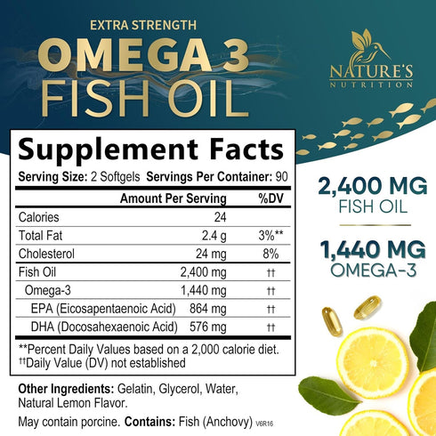 Triple Strength Omega 3 Fish Oil 2400 mg Softgels, Nature's Fish Oil Supplements, Brain & Heart Health Support - EPA & DHA, 1200 MG Fish Oil in Each Softgel, Omega-3 Supplement - 180 Fish Oil Softgels