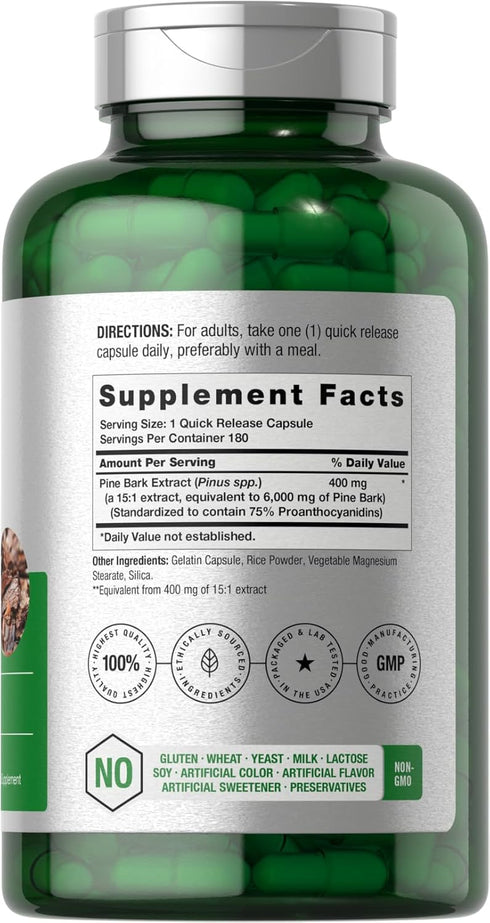 Horbaeach Pine Bark Extract | 6000 mg | 180 Capsules | Standardized to Contain 380 mg Proanthocyanidins | Non-GMO, Gluten Free Supplement | High Potency