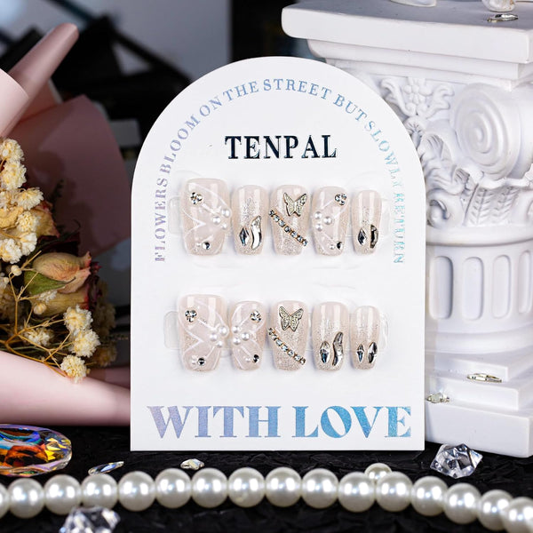 Short Coffin Press on Nails, Hand Painted Streamer Fake Nails with Glue, 3D Butterfly Diamond 10pcs/Box for Women