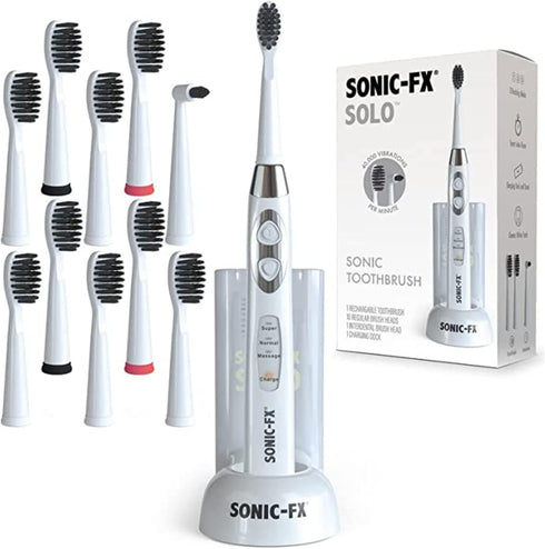 Solo Electric Toothbrush with 10 Brush Heads + 1 Interdental, Charcoal Bristles, Rechargeable, 3 Brush Modes