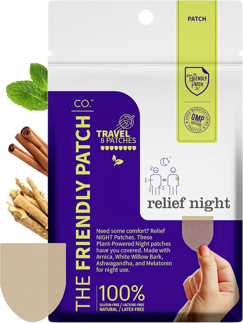 Relief Night Patch - 8 pack with Arnica, White Willow Bark, Melatonin for Soreness and Sleep