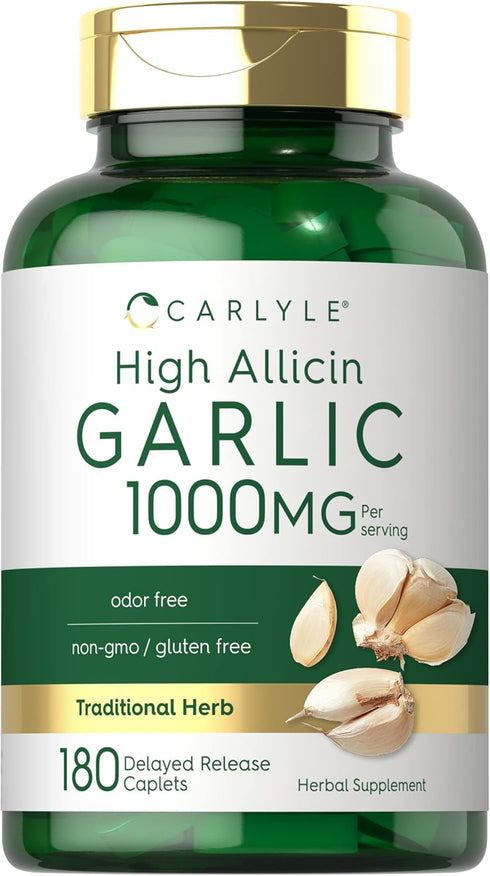 Carlyle Garlic Supplement with High Allicin, 180 Odorless Vegetarian Caplets, Non-GMO, Gluten Free