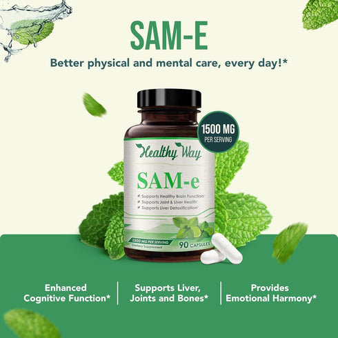 1500mg SAM-e Supplement, High Strength S-Adenosyl-L-Methionine Capsules for Joint Brain Liver Mood Support (90 Count)