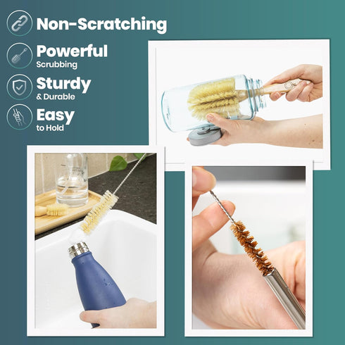Bottle and Straw Brush Cleaning Set - Eco-Friendly Bamboo Bottle Brush, All in One Cleaning Set