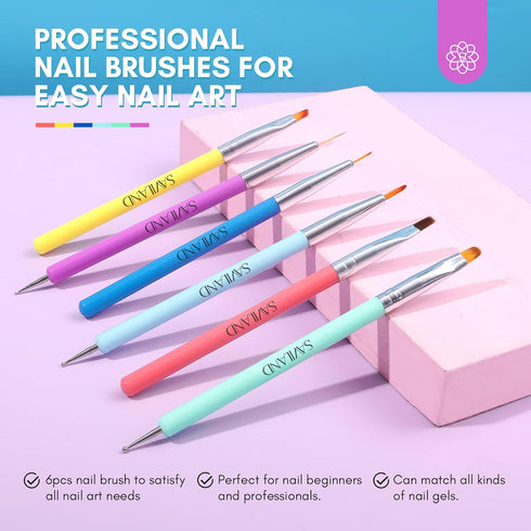 SAVILAND 6PCS Nail Art Brushes Set, Multifunctional Brushes for Nail Design, Gel Nail Brush, and Dotting Tools