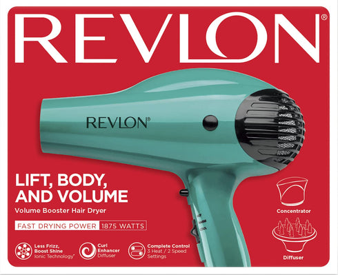 Revlon Volume Booster Hair Dryer, 1875W for Voluminous Lift and Body, Green
