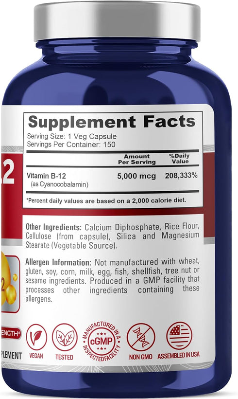 NusaPure Vitamin B12 - 5000 MCG, 150 Veggie Capsules (Non-GMO, Vegan), Max Strength