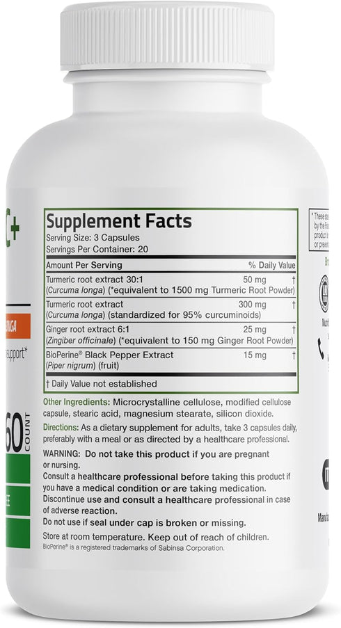 Bronson Turmeric + Ginger Extra Strength Joint Health & Digestion Support with BioPerine, Non-GMO, 60 Vegetarian Capsules