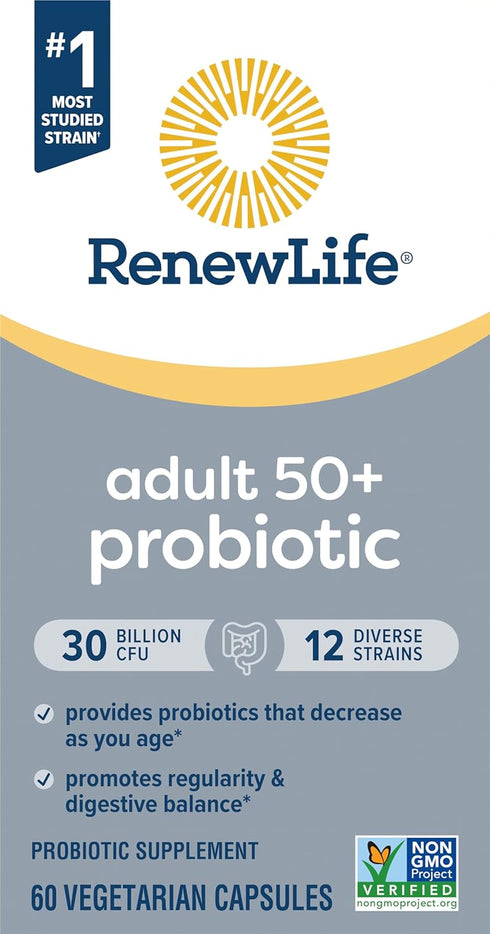 Renew Life Probiotic Adult 50 Plus Capsules, Daily Supplement for Urinary, Digestive, Immune Health, 60 Count