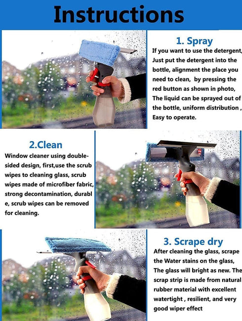 3 in 1 Window Cleaner Squeegee: Microfiber Washer, Glass Cleaning Tool with Spray Bottle for Home and Car Windows.