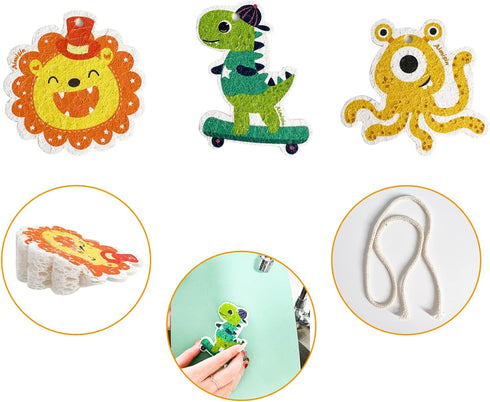 3 Pcs Compressed Wood Pulp Sponge Scrubber, Cute Cartoon Dual-Sided Reusable Dish Washing Cleaning Sponges
