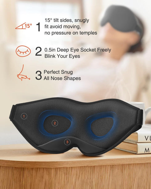 Sleep Mask, Eye Mask for Sleeping, 3D Contoured Cup No Eye Pressure, 100% Blocking Light, Adjustable Strap, Black
