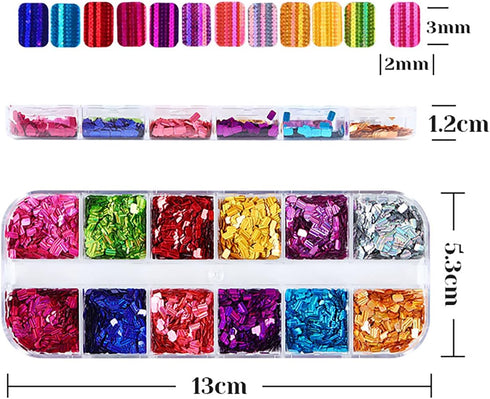 Square Glitter Nail Art Sequins, 12 Colors Rectangle Flakes for Women Girls Manicure Charms and DIY Nail Tips