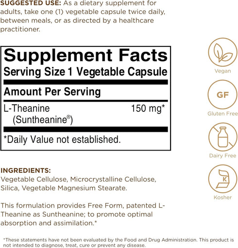Solgar L-Theanine 150 mg, 60 Vegetable Capsules, Promotes Relaxation, Non-GMO, Vegan, Gluten Free