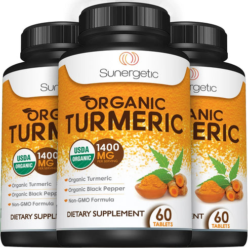 USDA Certified Organic Turmeric Supplement, 1,400mg Turmeric per Serving, Organic Black Pepper, 60 Count