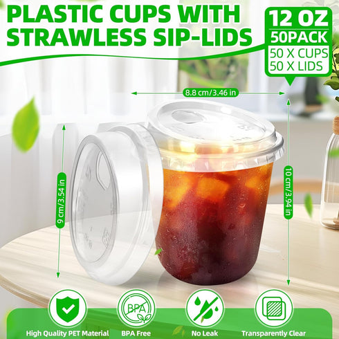 RMERVE 50 12 oz) Pcs Plastic Coffee Cups with Sip Lids, Disposable Plastic PET Crystal Cups with Strawless Lid for Iced