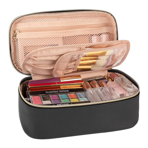 OCHEAL Small Black Cosmetic Bag, Portable Cute Travel Makeup Pouch for Women & Girls, Makeup Brush Organizer