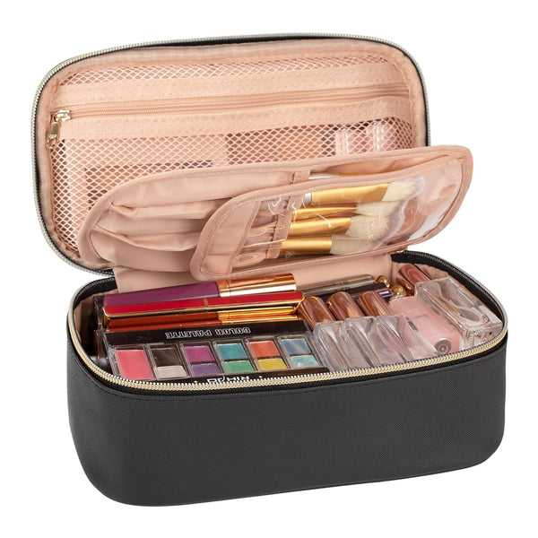 OCHEAL Small Black Cosmetic Bag, Portable Cute Travel Makeup Pouch for Women & Girls, Makeup Brush Organizer