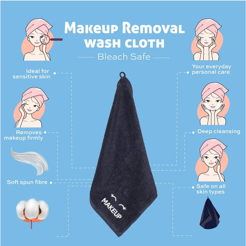 White Classic Bleach Safe Black Makeup Washcloths, 6 Pack - Super Soft Luxury Cotton Towels for Cleansing