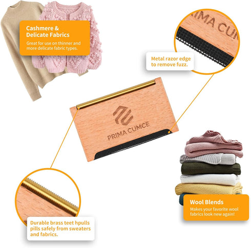 Wooden Cashmere Comb for Knits, Sweaters, Wool & Delicate Fabrics Manual Fabric Shaver, Fuzz Remover, Portable Depiller