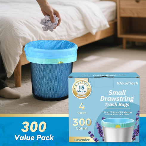 Wowflash 300 Count 15 4 Micron Extra Thick Gallon Drawstring Small Trash Bags, Sturdy & Tear-Resistant Small Garbage