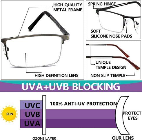 JJWELL 3 Pack Blue Light Reading Glasses for Men, Lightweight Metal Rectangle Semi Rimless Anti Eyestrain Eyeglasses